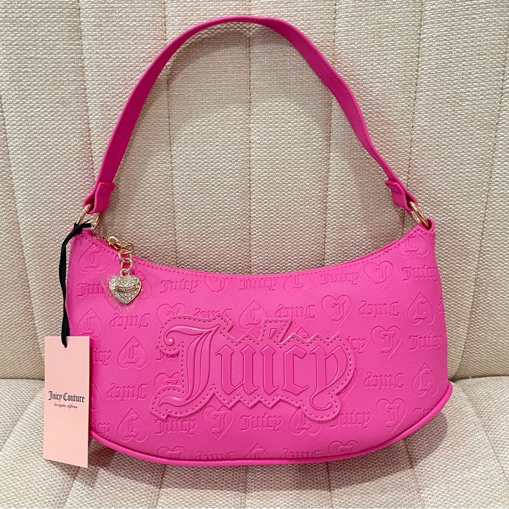 NEW Juicy Couture Hot Pink Embossed Heart Logo Baguette Shoulder Bag Rhinestone